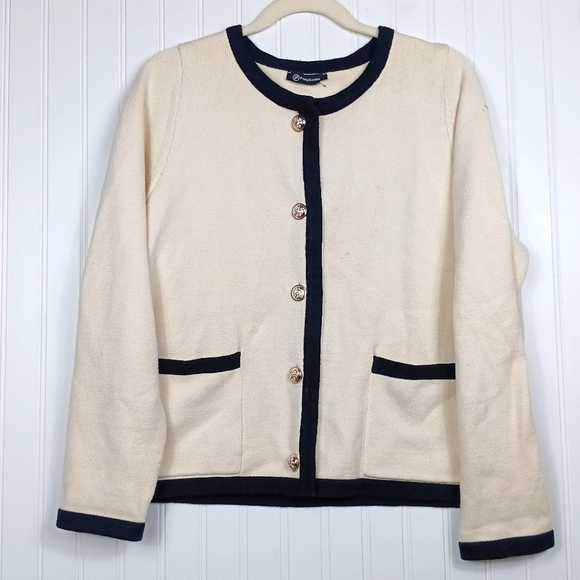 PRETTYGARDEN Knit Cream Cardigan Black Trim Gold Button Sweater L - Picture 2 of 8